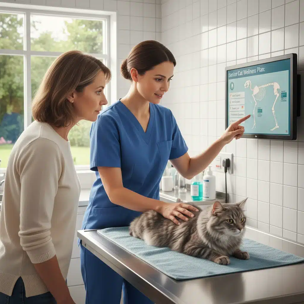 Veterinarian examining senior cat, discussing preventative care strategies