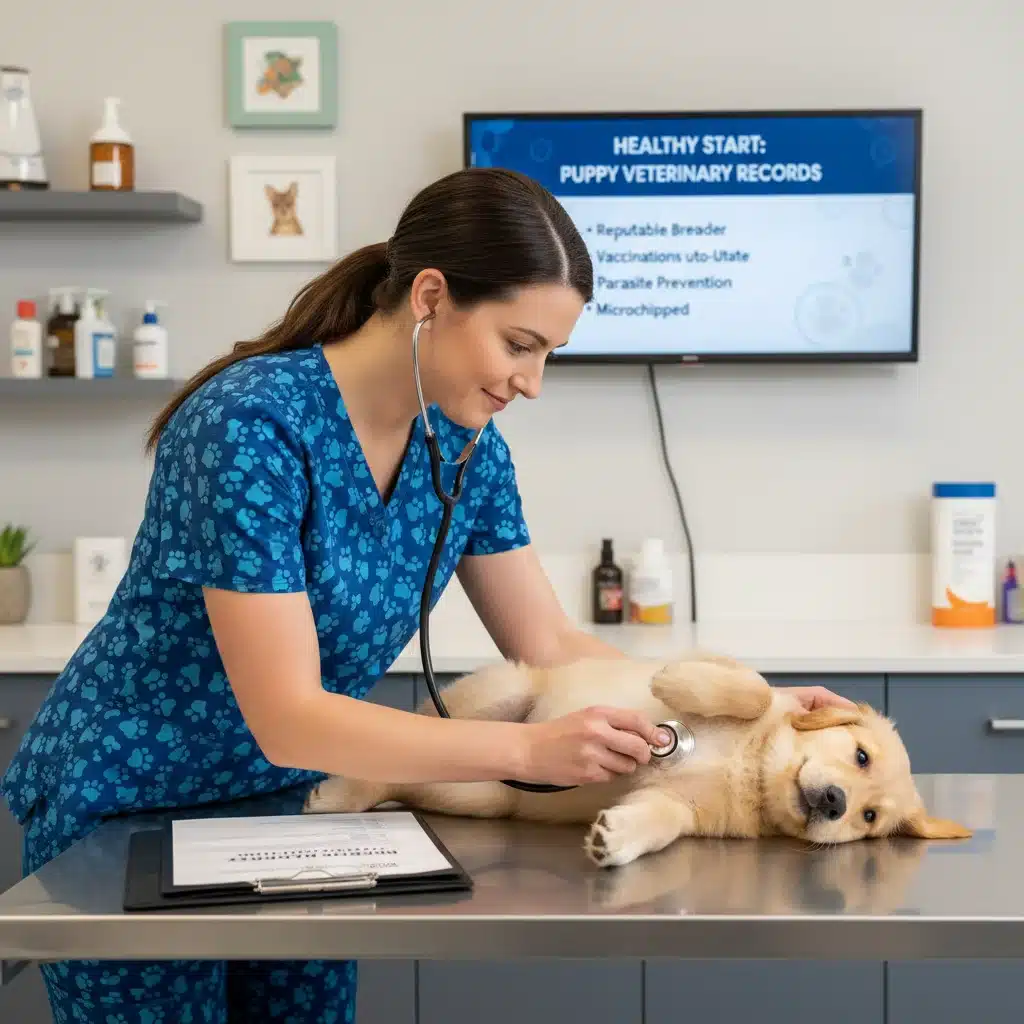 Veterinarian examining healthy puppy, emphasizing health checks