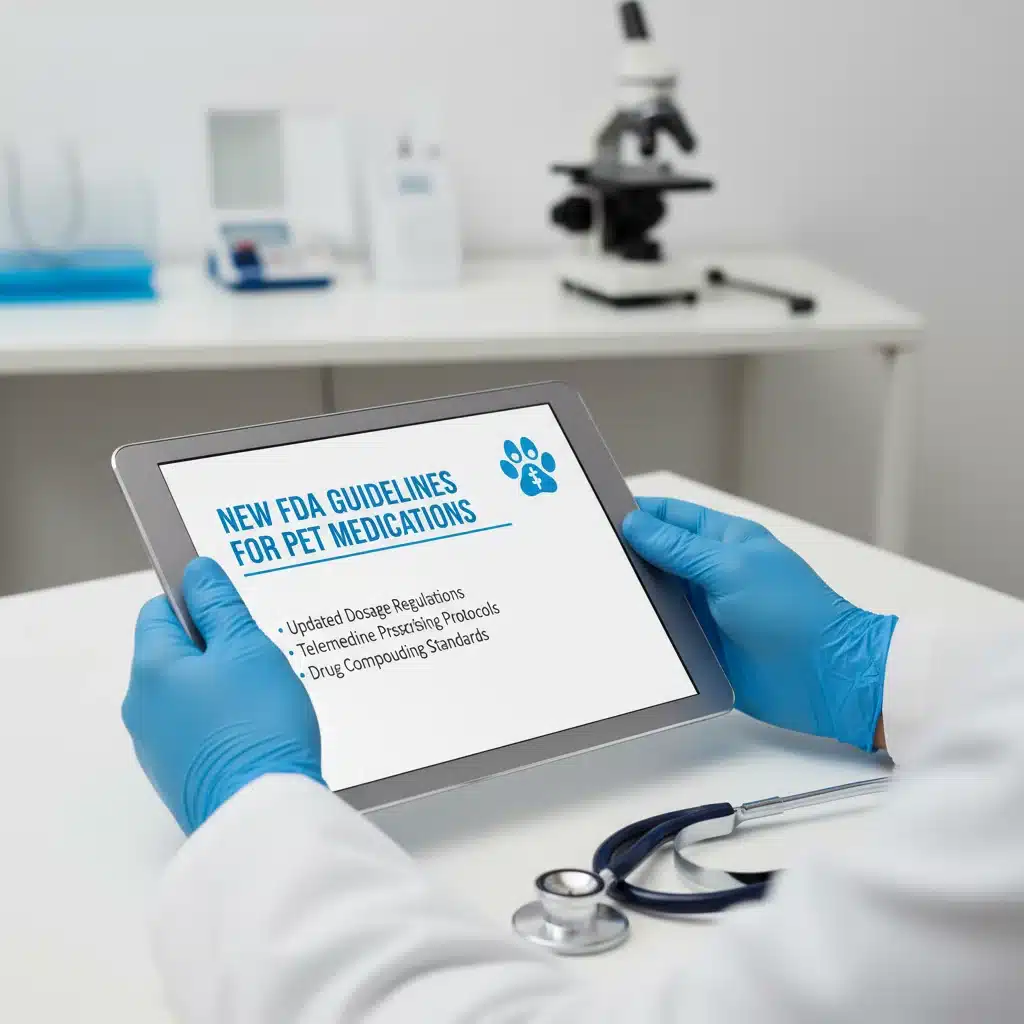 Veterinarian reviewing new FDA pet medication guidelines on tablet