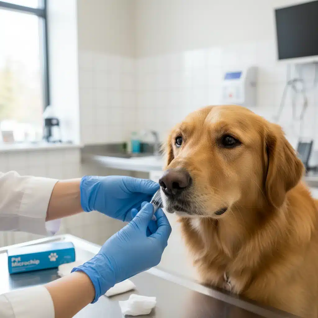Veterinarian microchipping a dog in a clinic setting