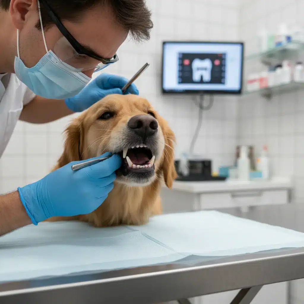 Veterinarian performing a dental check-up on a dog's teeth