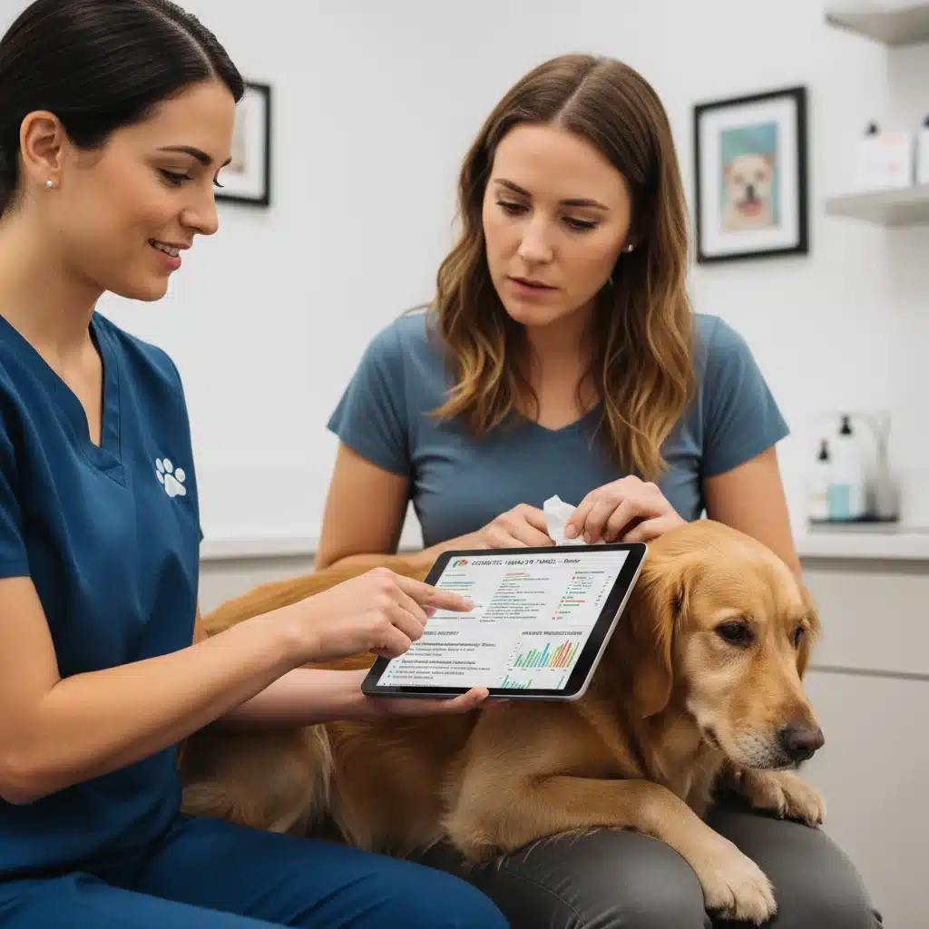 Veterinarian discussing pet DNA test health results with a pet owner and their dog, emphasizing genetic predispositions.