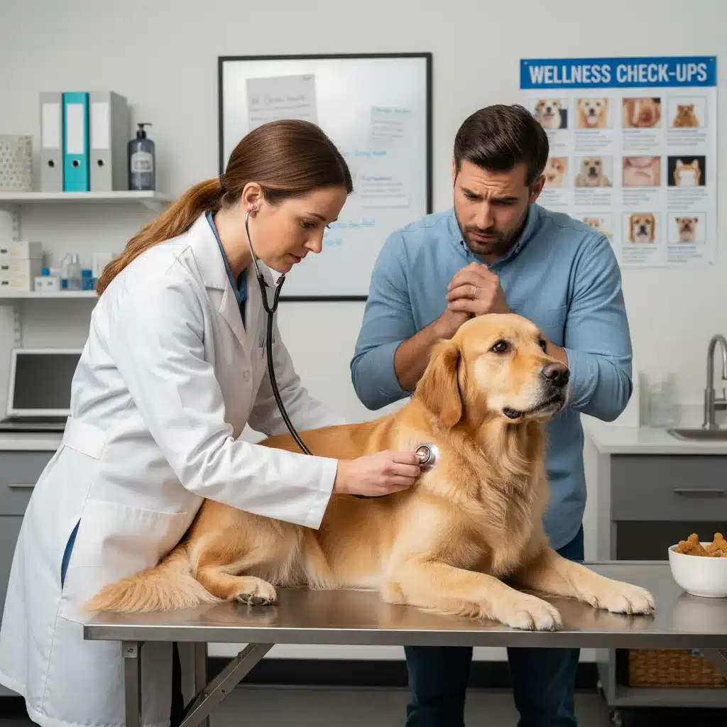 Veterinarian examining a dog with concerned pet owner