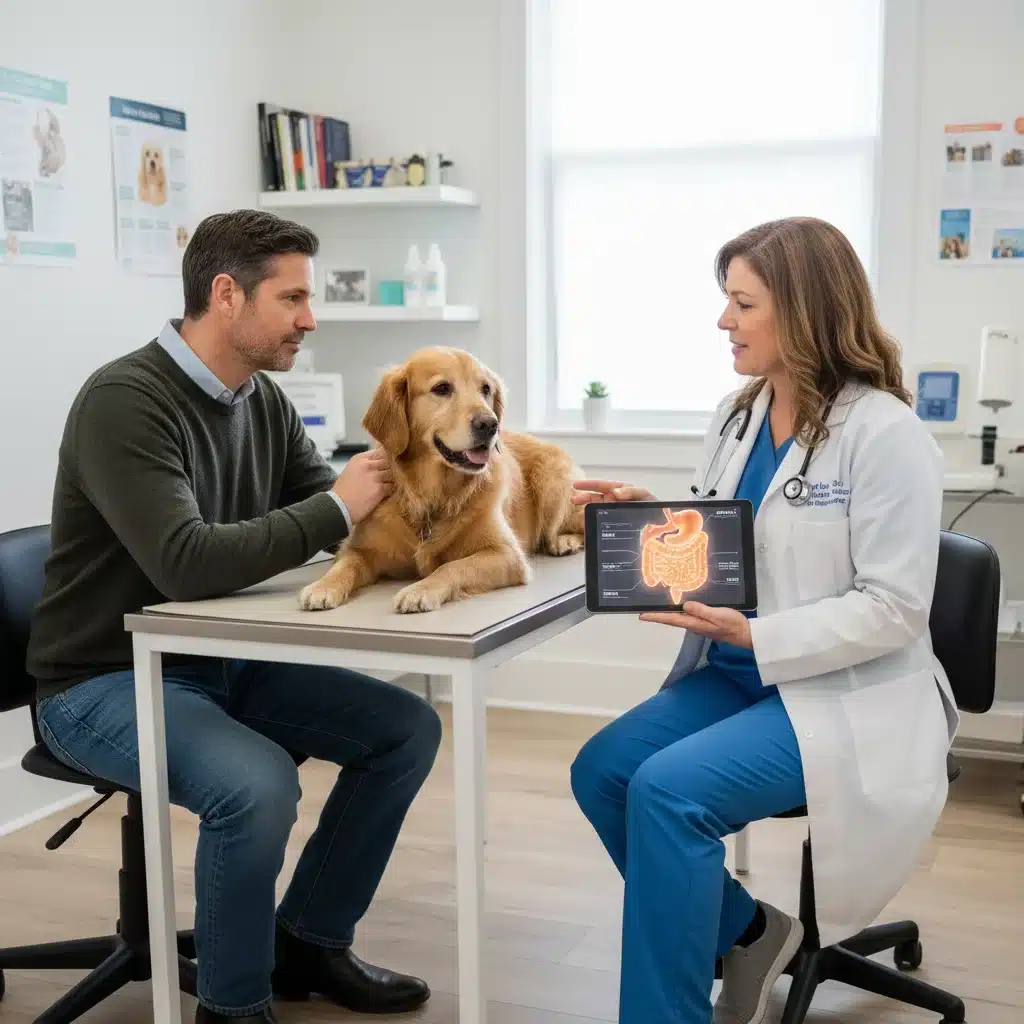 Veterinarian advising pet owner on healthy pet diet.