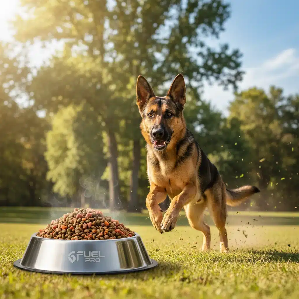 Energetic dog running with high-performance food