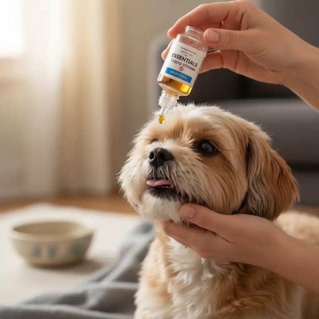 Pet owner giving liquid vitamin supplement to a small dog, emphasizing easy pet vitamin administration.