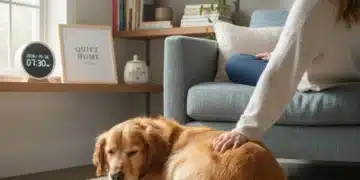 Calm dog resting peacefully in a quiet, modern living room, symbolizing effective barking management.