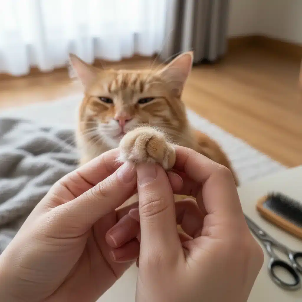 Close up of cat paw inspection during grooming, preventing health issues