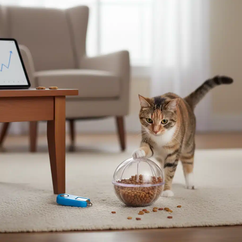 Cat solving puzzle feeder with clicker training principles