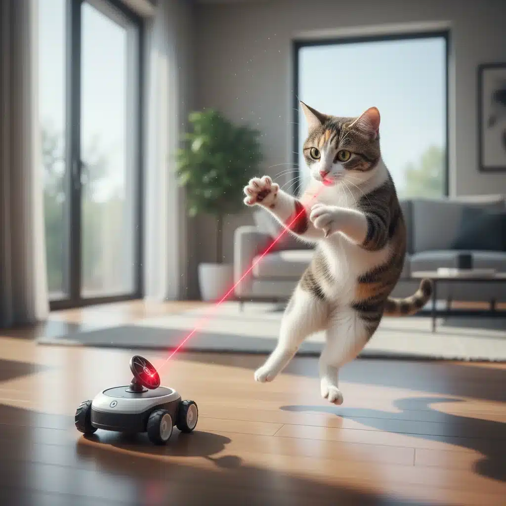 Cat chasing laser from an autonomous robotic toy