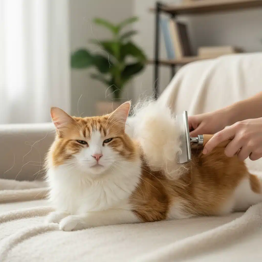 Person gently deshedding a long-haired cat with a specialized grooming tool.