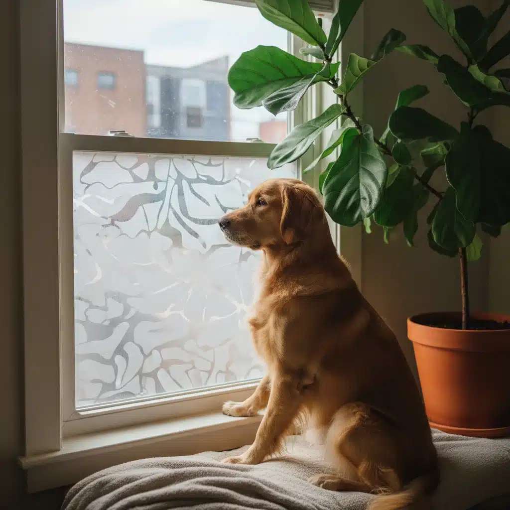 Dog looking out a window with a visual barrier, demonstrating environmental management for barking.