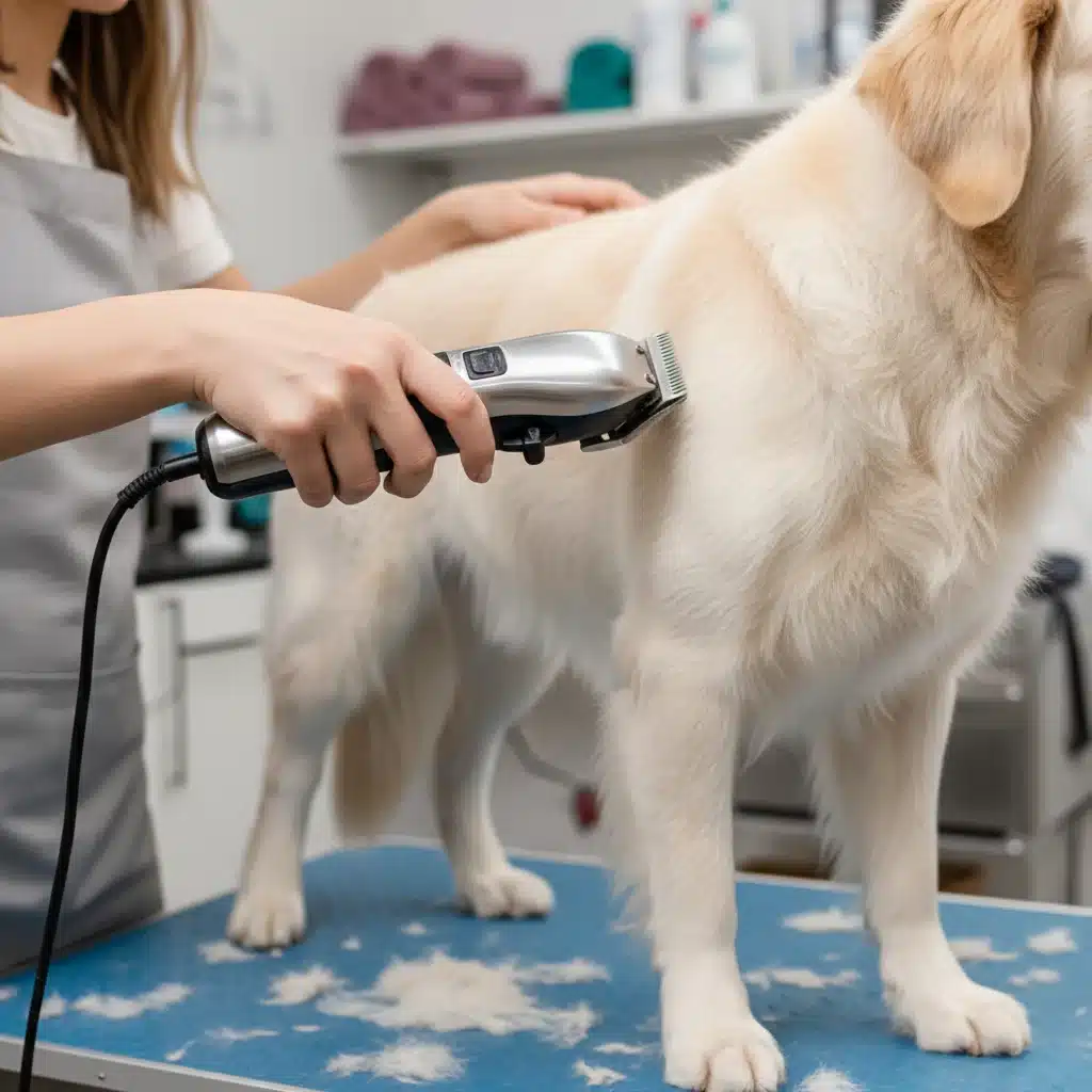 Electric pet clippers trimming a dog's fur on a grooming table.