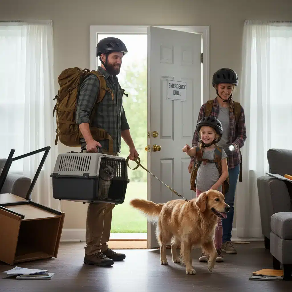 Family practicing pet emergency evacuation drill with dog and cat.