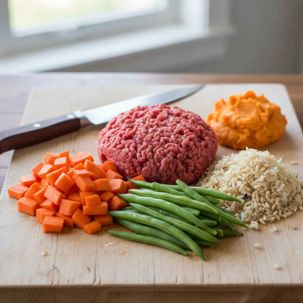 Fresh ingredients for balanced homemade pet food preparation