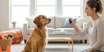 Golden retriever focused on owner during advanced clicker training session