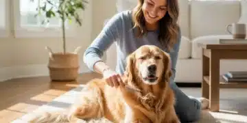 Happy golden retriever being brushed by owner, emphasizing daily pet grooming benefits