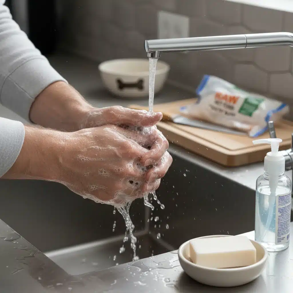 Pet owner washing hands after handling raw meat for pets