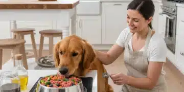 Happy dog eating raw pet food from a bowl in a clean kitchen