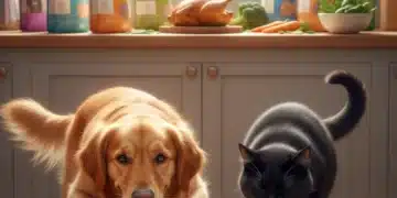 Happy dog and cat eating balanced pet food
