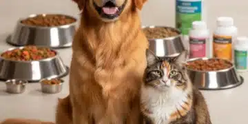 Happy dog and cat next to pet supplements, symbolizing essential pet vitamins for optimal health.