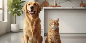 Happy dog and cat with balanced homemade pet food bowls