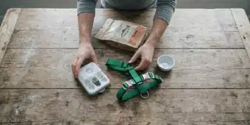 Overhead view of pet owner's hands sorting through various pet products, including a green dog harness, a cat puzzle feeder, salmon dog food, and a small hamster bowl, on a wooden table.