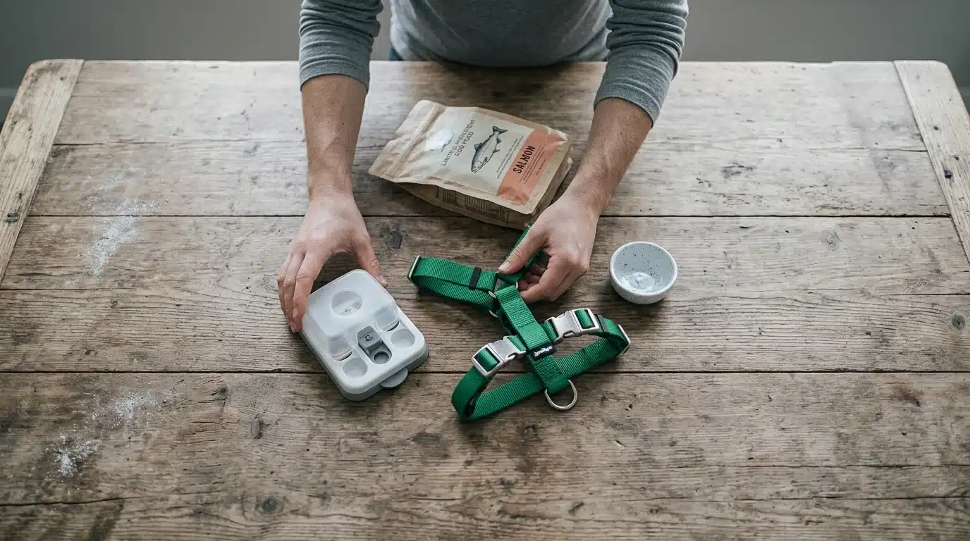 Overhead view of pet owner's hands sorting through various pet products, including a green dog harness, a cat puzzle feeder, salmon dog food, and a small hamster bowl, on a wooden table.