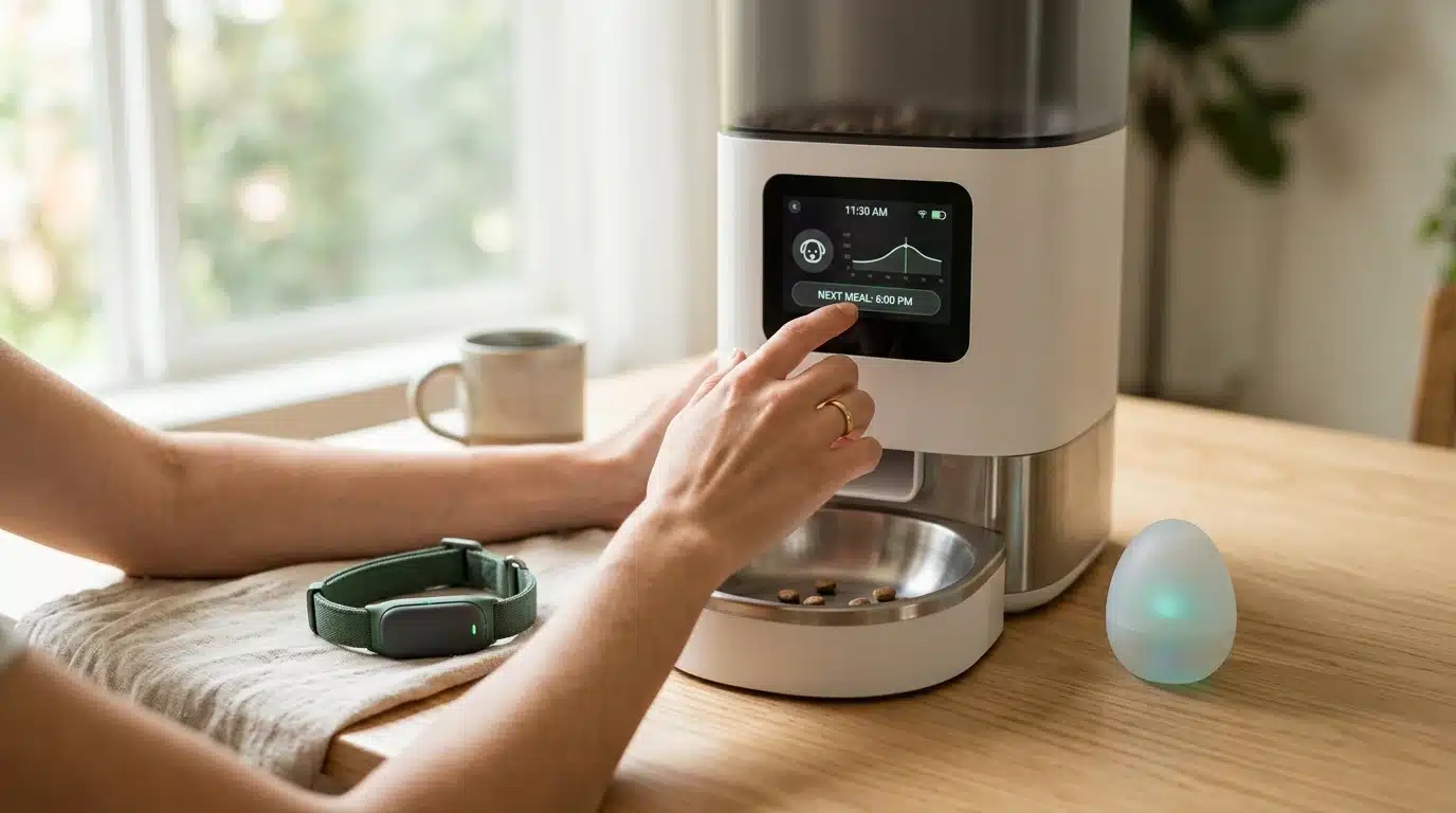 An overhead view of a person's hands interacting with smart pet technology, including a feeder, collar, and health monitor, on a wooden table.