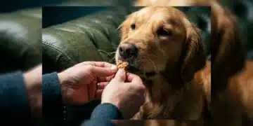 Close-up of a person's hands offering a treat to a golden retriever, illustrating positive reinforcement in pet behavior training.