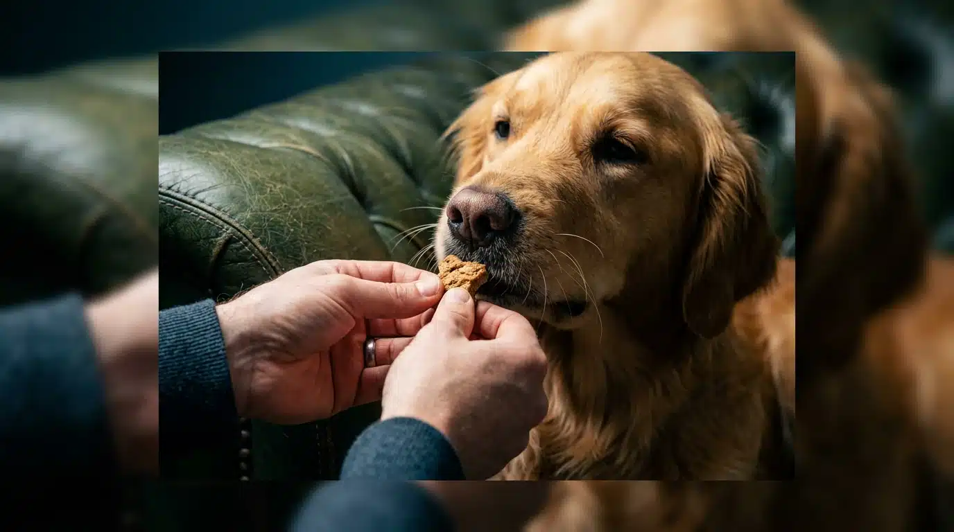 Close-up of a person's hands offering a treat to a golden retriever, illustrating positive reinforcement in pet behavior training.