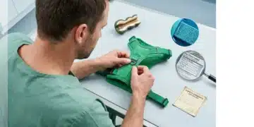 A veterinarian in green scrubs meticulously inspecting a green pet harness on an examination table, surrounded by detailed pet product components and safety certificates, under bright studio lighting.