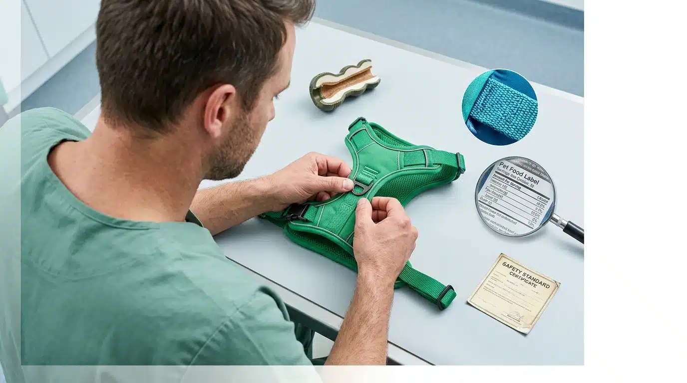 A veterinarian in green scrubs meticulously inspecting a green pet harness on an examination table, surrounded by detailed pet product components and safety certificates, under bright studio lighting.