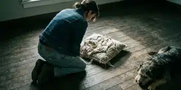 A person kneels, looking at a shredded pillow on a wooden floor, as a dog with lowered head appears to react to the human's tense body language, illustrating miscommunication in pet psychology.