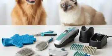 Assortment of modern pet grooming tools including brushes, clippers, and deshedders on a table with a happy dog and cat in the background.