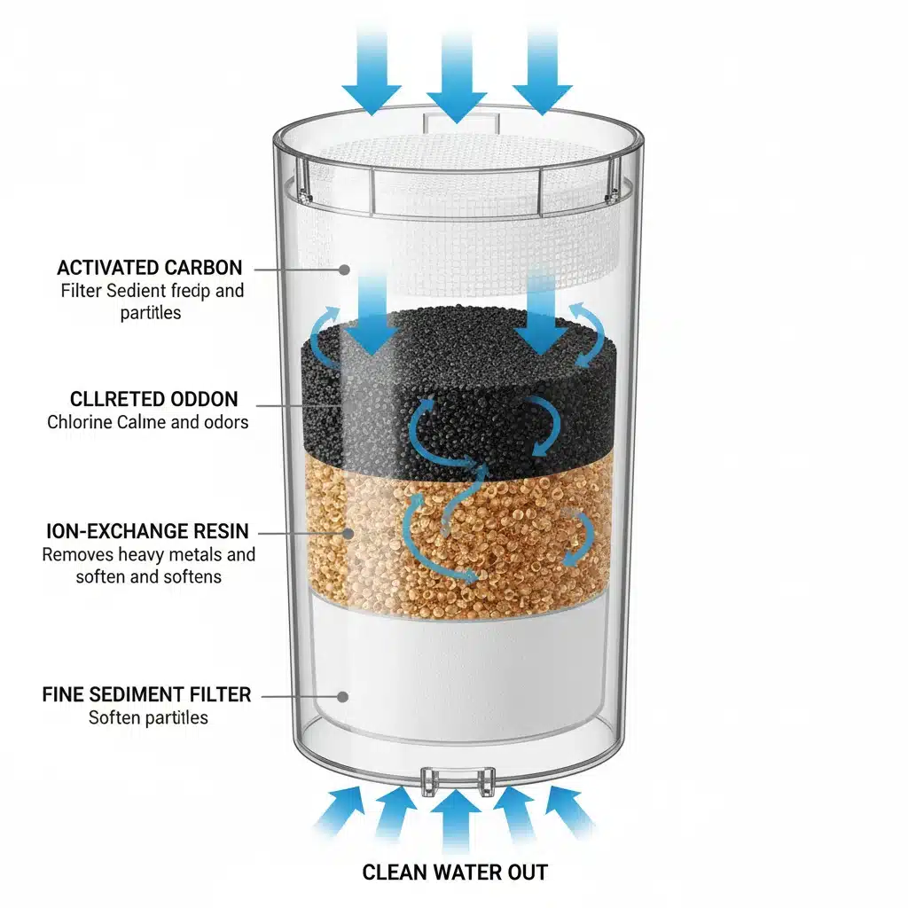 Cross-section diagram of multi-stage pet water filter components