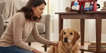 Pet owner preparing for an emergency with their dog, pet first aid kit visible.