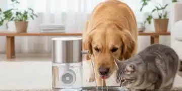 Modern pet water fountain with filter providing clean water for dog and cat