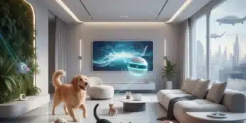 Pets playing with advanced automated toys in a modern home