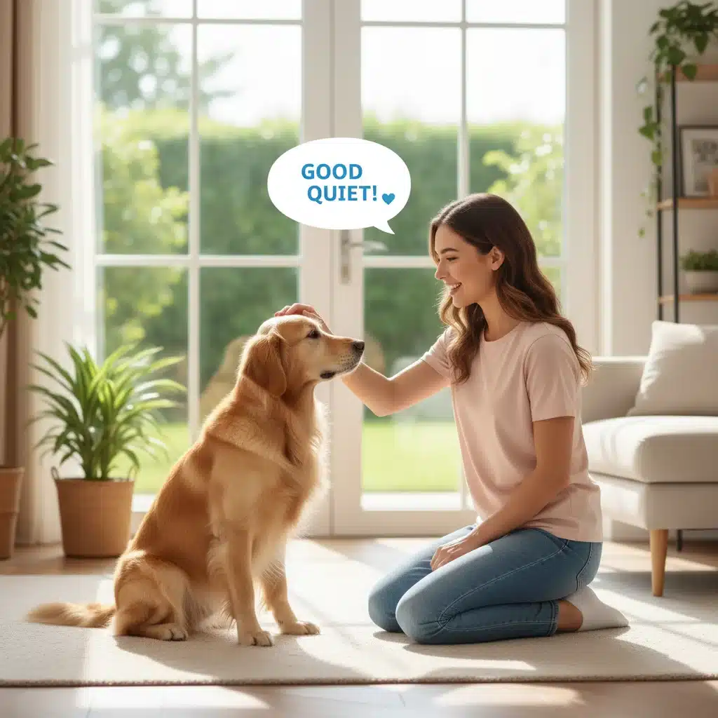 Dog receiving a treat and praise for quiet behavior, illustrating positive reinforcement training.