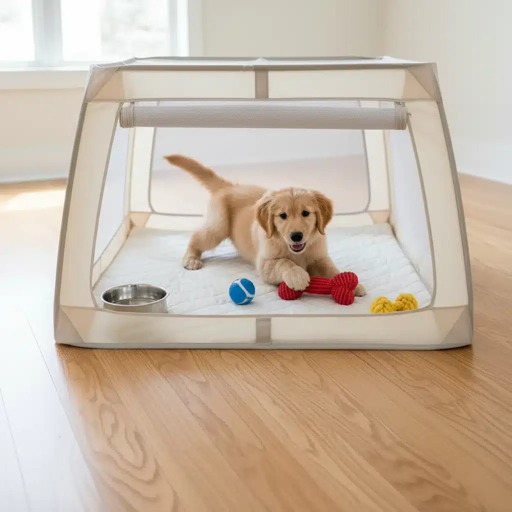 Content puppy inside a clean, spacious playpen with toys.
