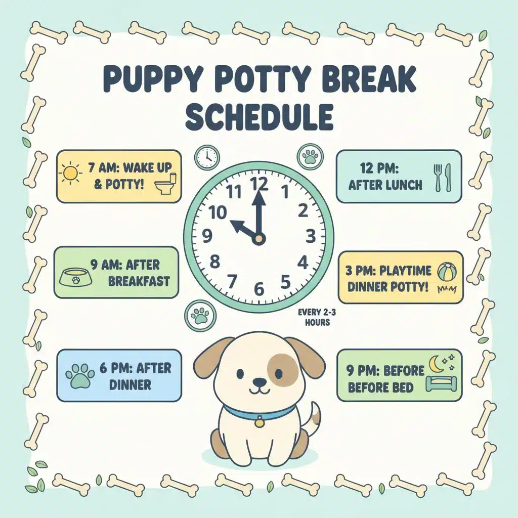 Infographic showing a daily potty training schedule for a puppy.