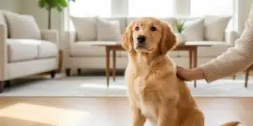 Golden retriever puppy sitting by a potty pad, ready for housetraining.