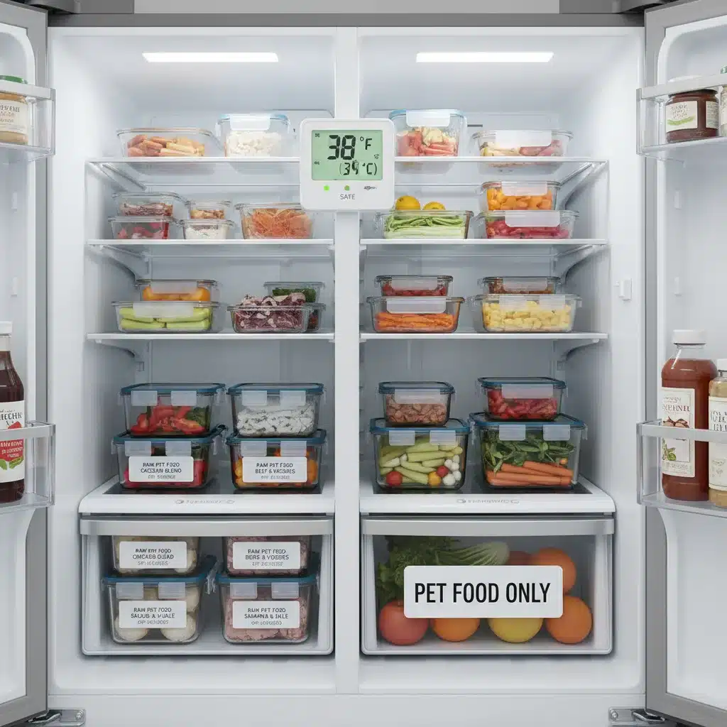Organized refrigerator with labeled raw pet food containers