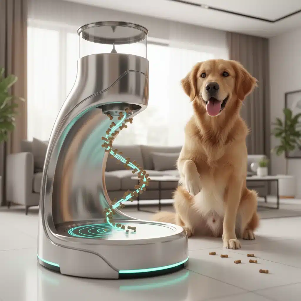 Smart pet feeder dispensing treats for a happy dog