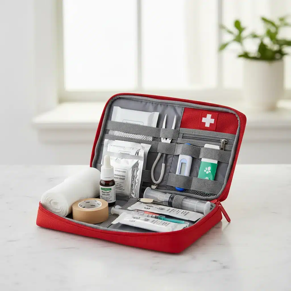 Well-stocked pet first aid kit with essential medical supplies.