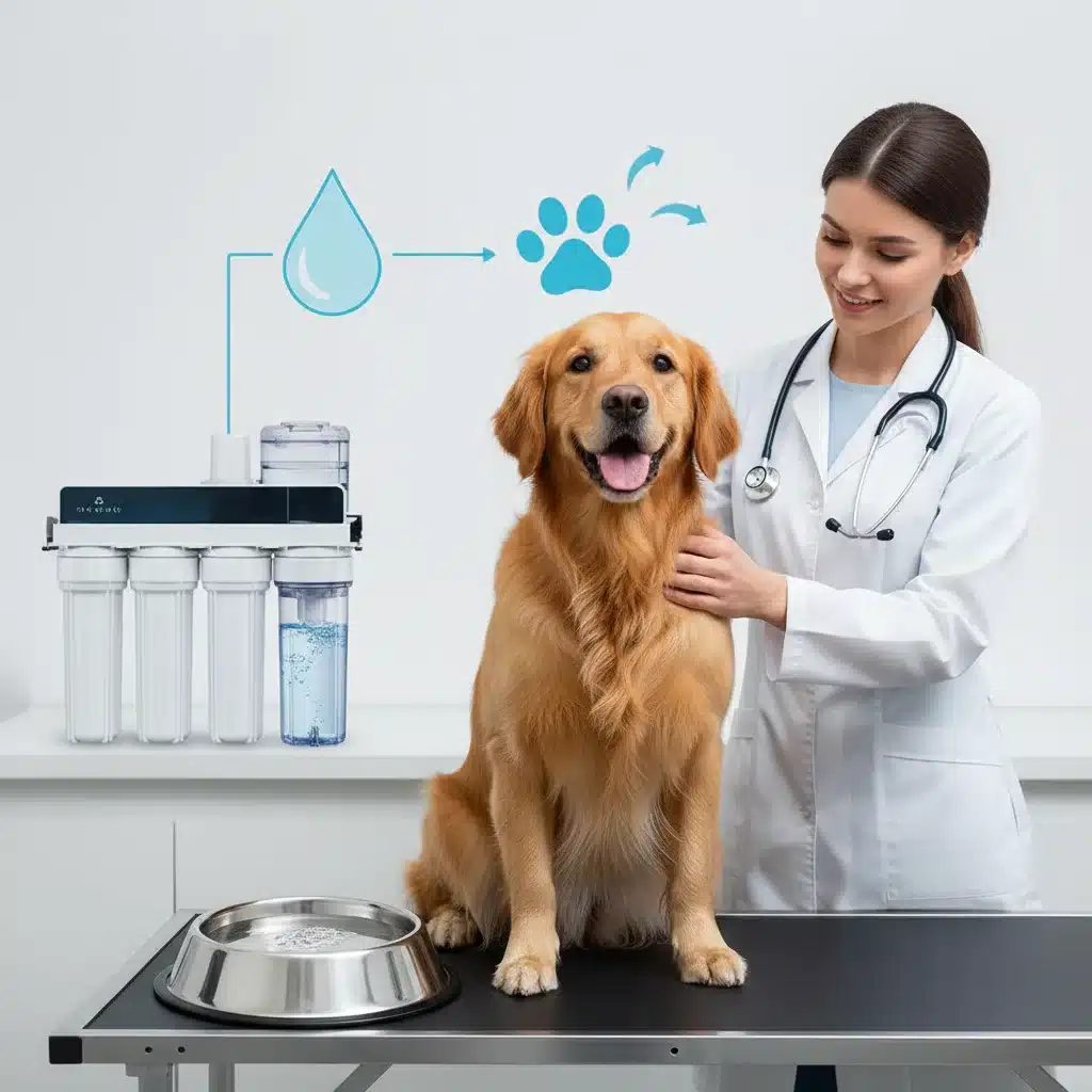 Veterinarian checking healthy dog with filtered water bowl