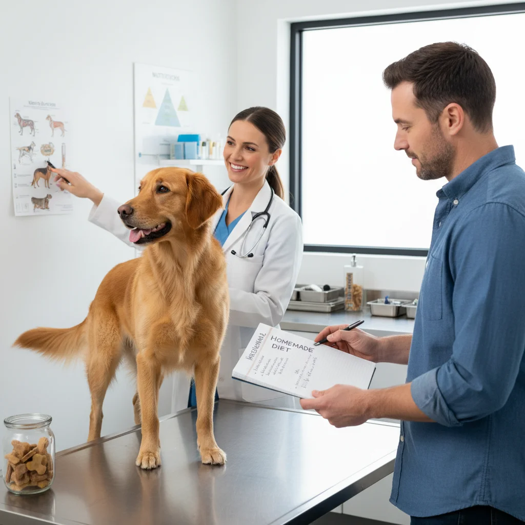 Veterinarian discussing balanced homemade pet food with pet owner