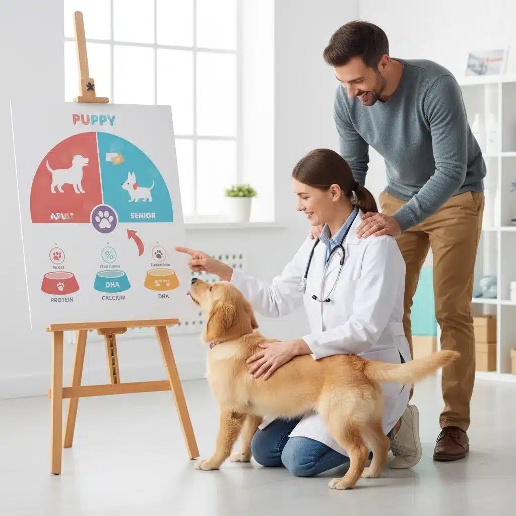 Veterinarian explaining puppy nutrition to owner