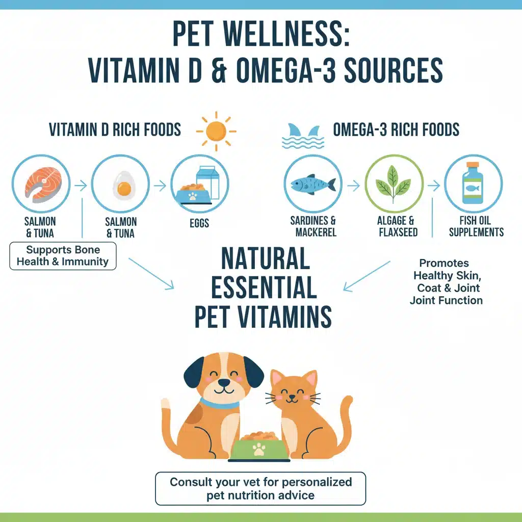 Infographic showing food sources for Vitamin D and Omega-3, crucial essential pet vitamins.